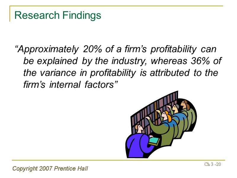 Copyright 2007 Prentice Hall Ch 3 -20 Research Findings “Approximately 20% of a firm’s